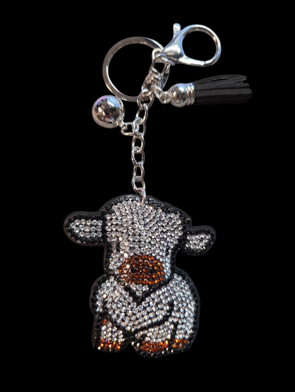 Silver and Brown Rhinestone Baby Cow Bag Charm Keychain
